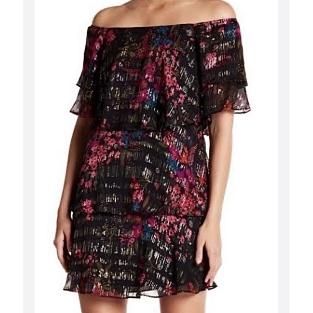 Trina Turk Dress sz S Silk Floral Metallic NWT Ruffle Mini Cocktail Whimsi Retro
